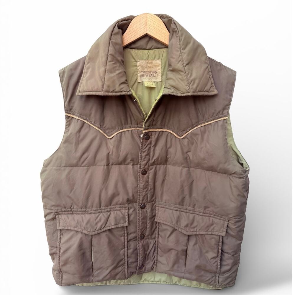 Western Wear Down Puffer Vest Mens L Brown Snap Front Vintage